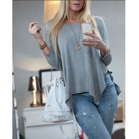 Tops - Asymmetrical Long Sleeve Grey Front Side Tie Tee